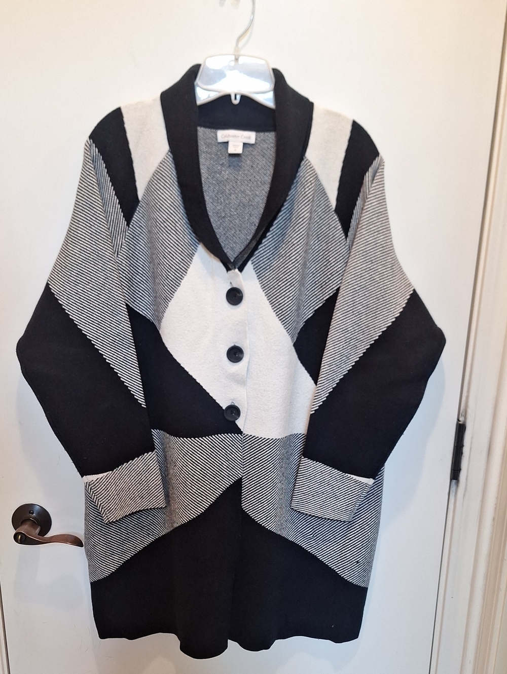 Coldwater Creek Black and Cream Geometric Button Cardigan